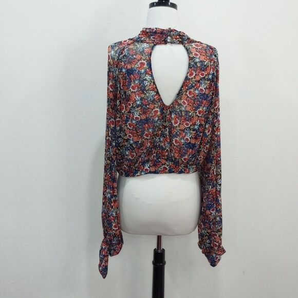 NEW! Free People All Dolled Up Floral Mesh Long Sleeve Crop Top  Black Combo - L - Picture 7 of 12